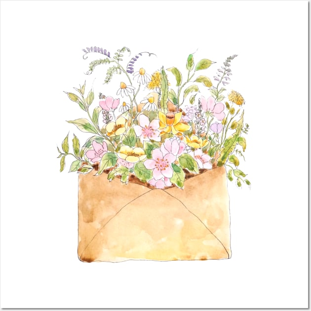 pink cherry blossom flowers in light brown envelop ink and watercolor Wall Art by colorandcolor